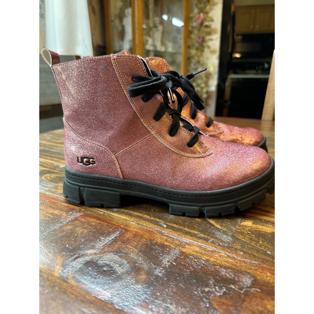 UGG Ashton Glitter‎ Rose Pink Ankle Boots Lace Up Zip Lug Sole 1151571K Kids 6